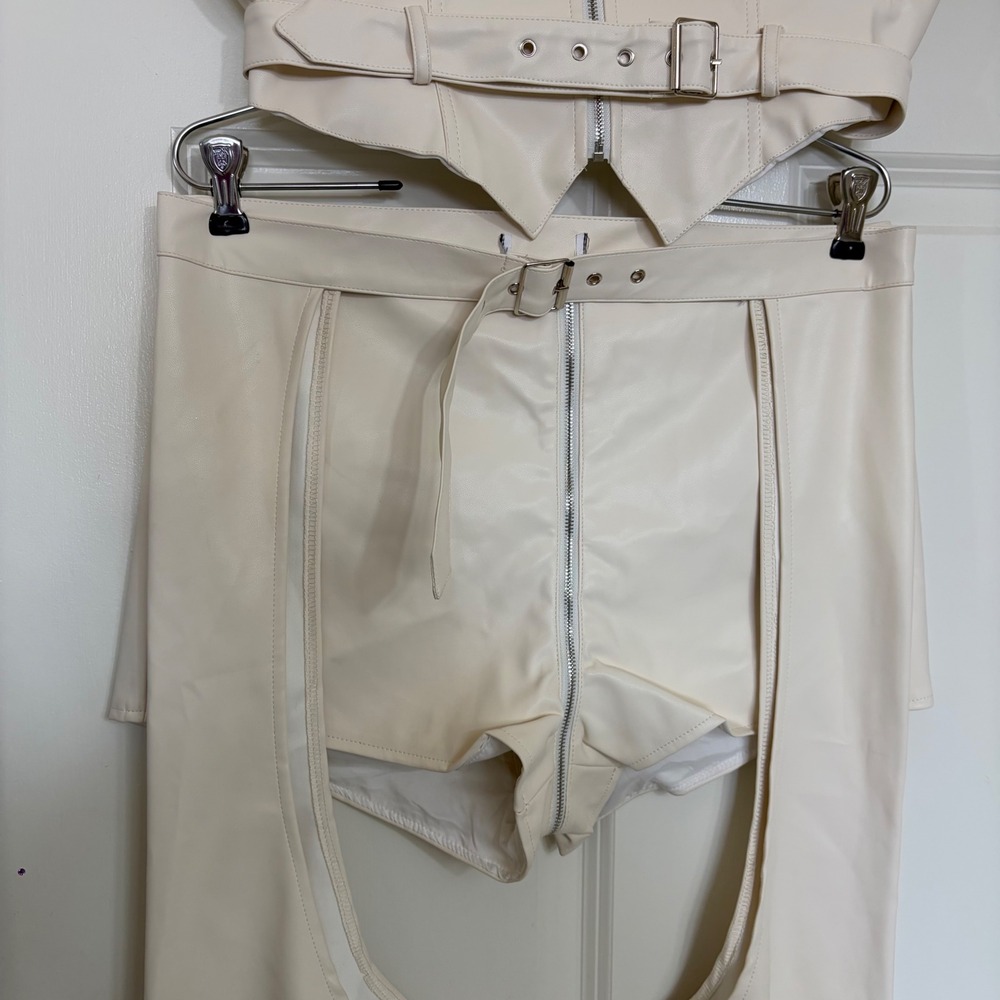 Cream Faux Leather 3 Piece Festival Set Corset Top Shorts and Chaps Cream - Picture 3 of 8